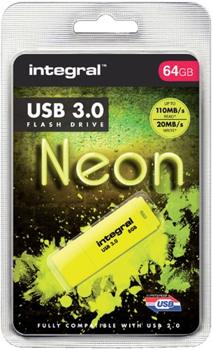 USB-STICK INTEGRAL 64GB 3.0 NEON GEEL 1 Stuk
