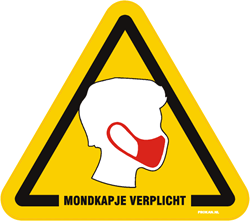 WAARSCHUWINGS DRIEHOEKSTICKER MONDKAPJE VERPLICHT GL/ZW